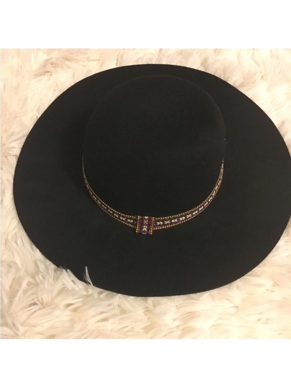 World Market // Wide Brim Black Wool Felt Boho Hat with Embroidered Band - Picture 3 of 5